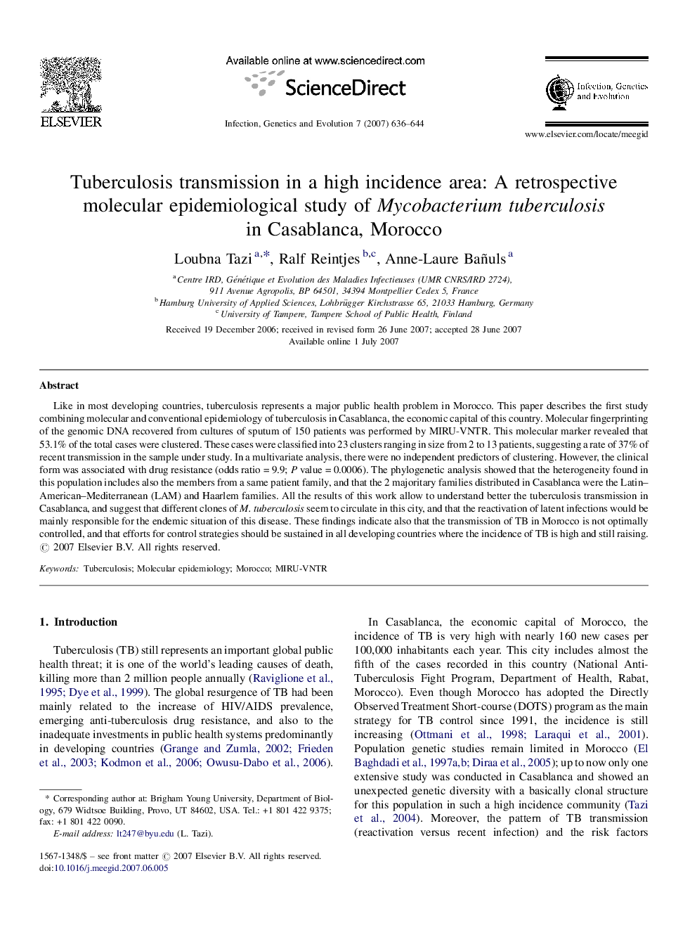 Tuberculosis transmission in a high incidence area: A retrospective molecular epidemiological study of Mycobacterium tuberculosis in Casablanca, Morocco