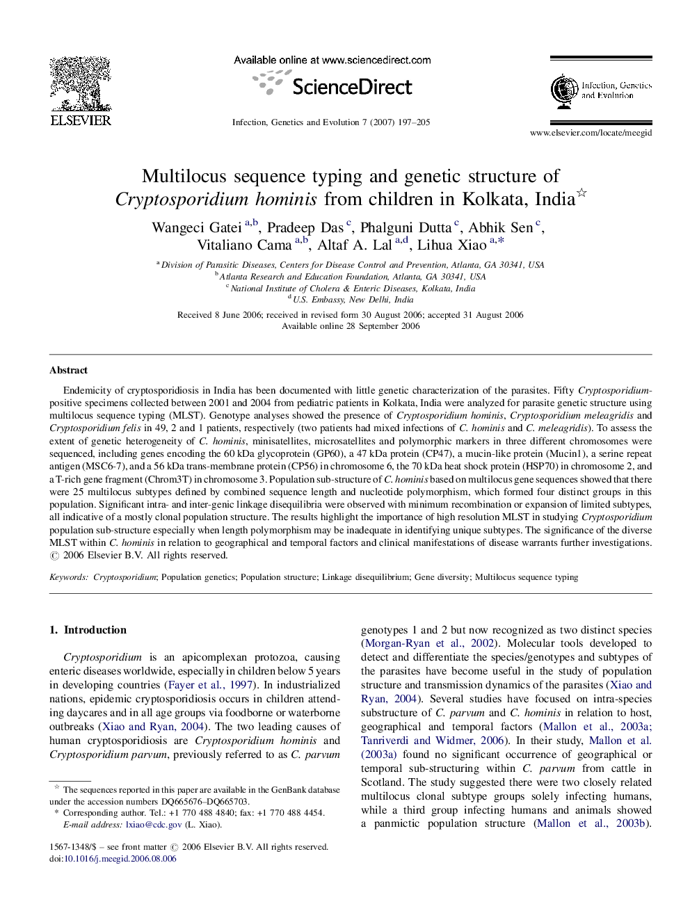 Multilocus sequence typing and genetic structure of Cryptosporidium hominis from children in Kolkata, India 