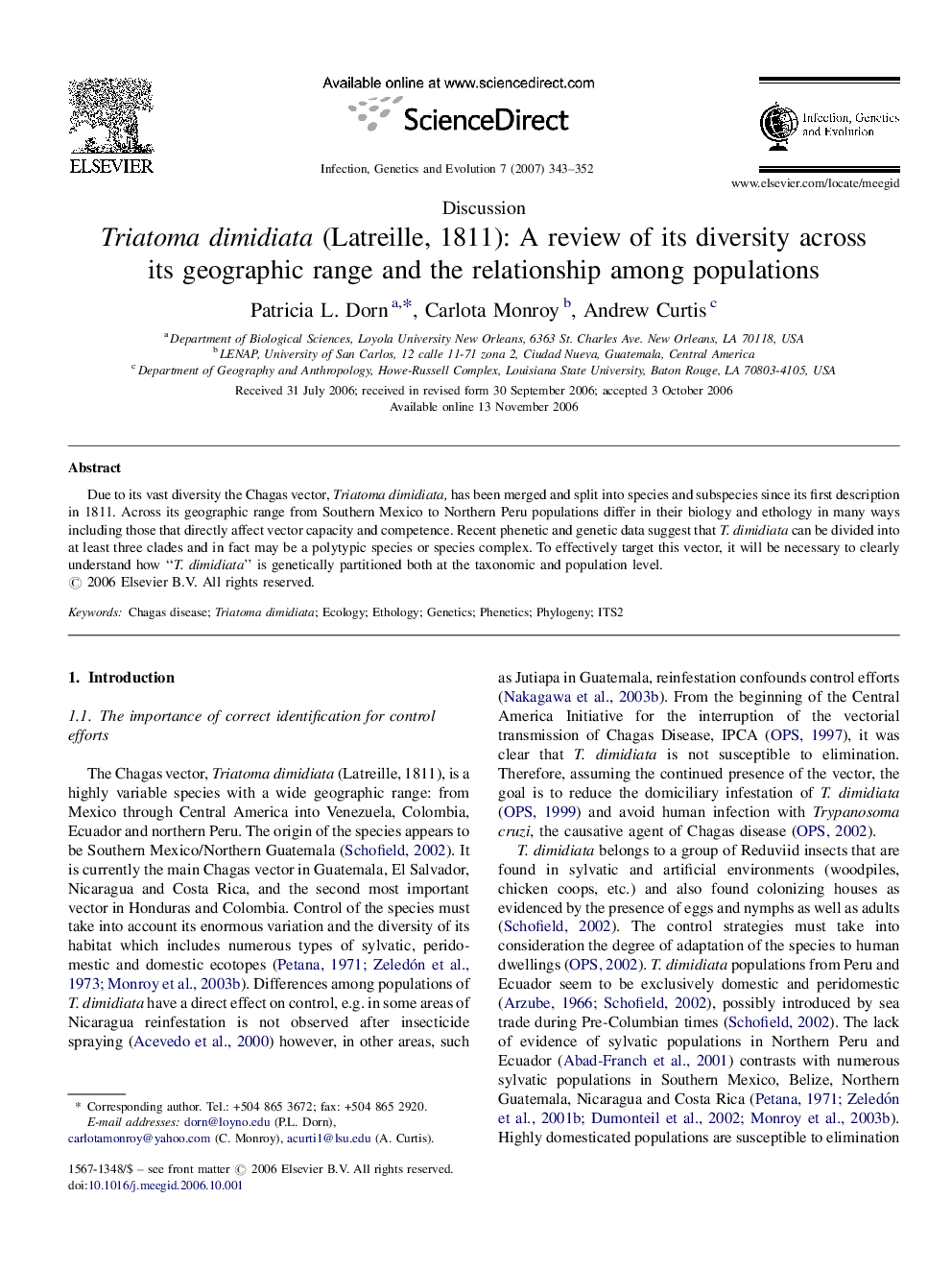 Triatoma dimidiata (Latreille, 1811): A review of its diversity across its geographic range and the relationship among populations