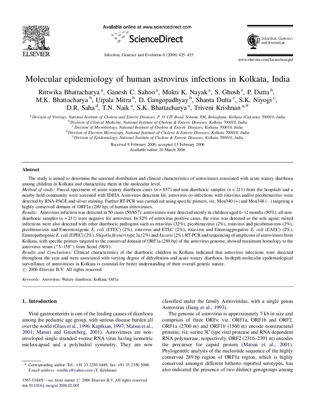 Molecular epidemiology of human astrovirus infections in Kolkata, India