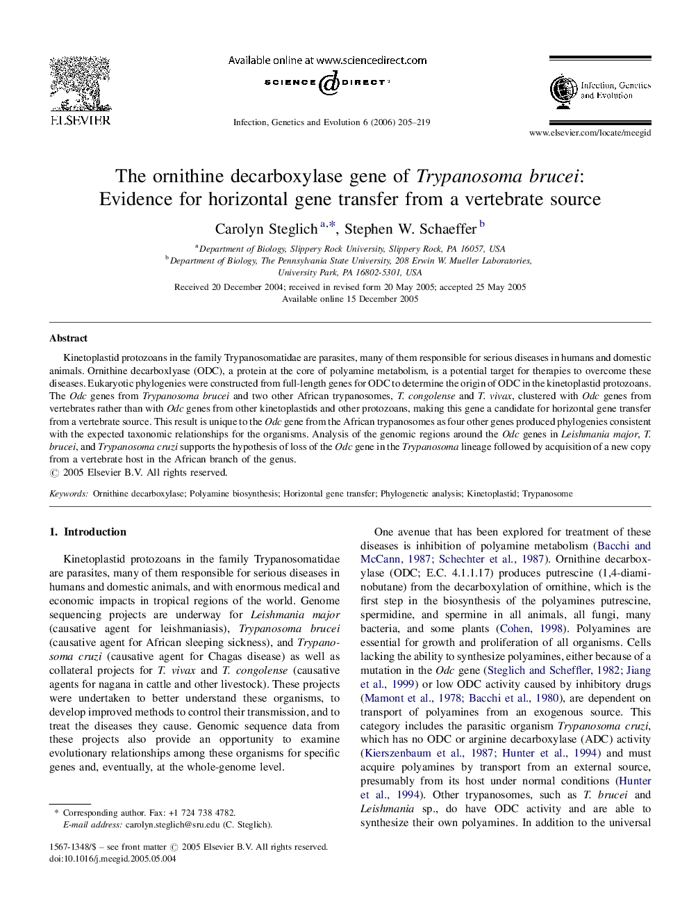 The ornithine decarboxylase gene of Trypanosoma brucei: Evidence for horizontal gene transfer from a vertebrate source