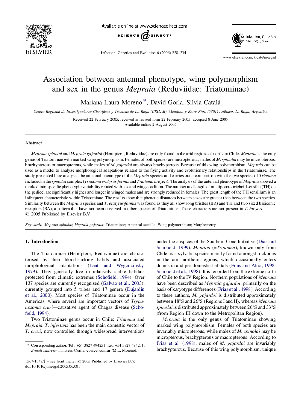 Association between antennal phenotype, wing polymorphism and sex in the genus Mepraia (Reduviidae: Triatominae)