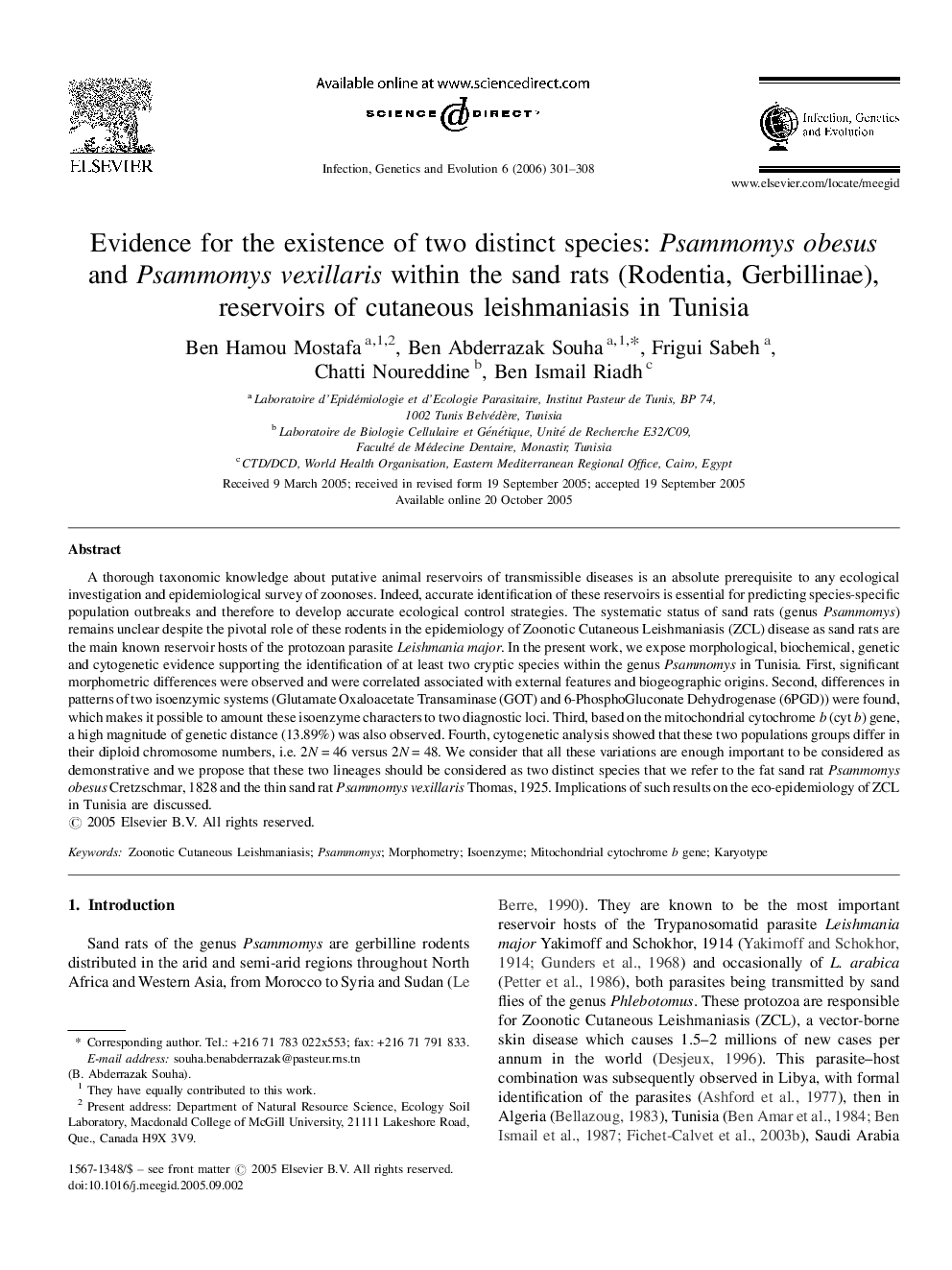 Evidence for the existence of two distinct species: Psammomys obesus and Psammomys vexillaris within the sand rats (Rodentia, Gerbillinae), reservoirs of cutaneous leishmaniasis in Tunisia