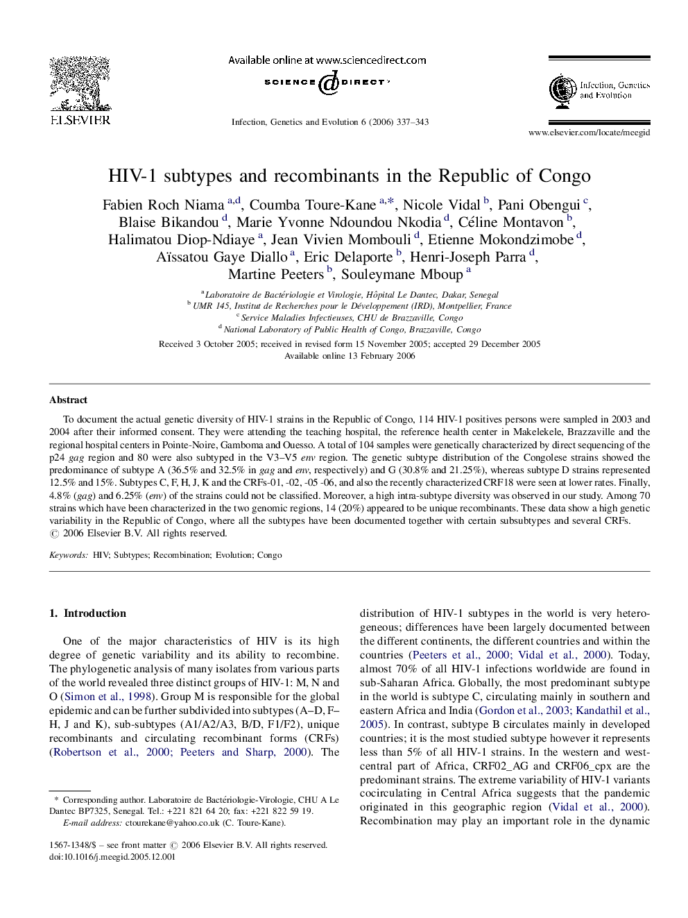 HIV-1 subtypes and recombinants in the Republic of Congo