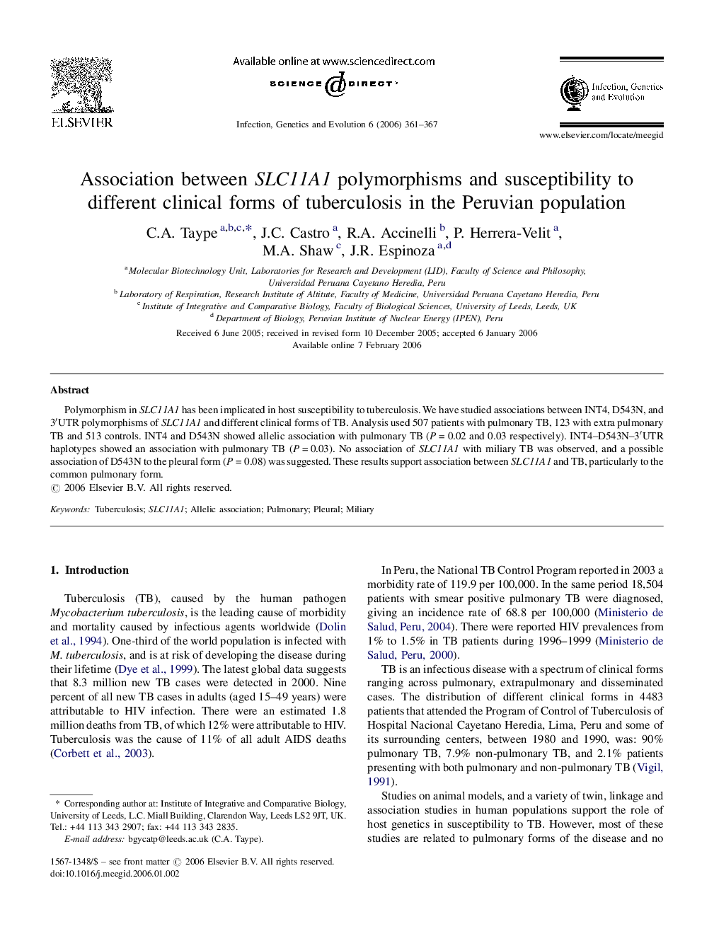 Association between SLC11A1 polymorphisms and susceptibility to different clinical forms of tuberculosis in the Peruvian population