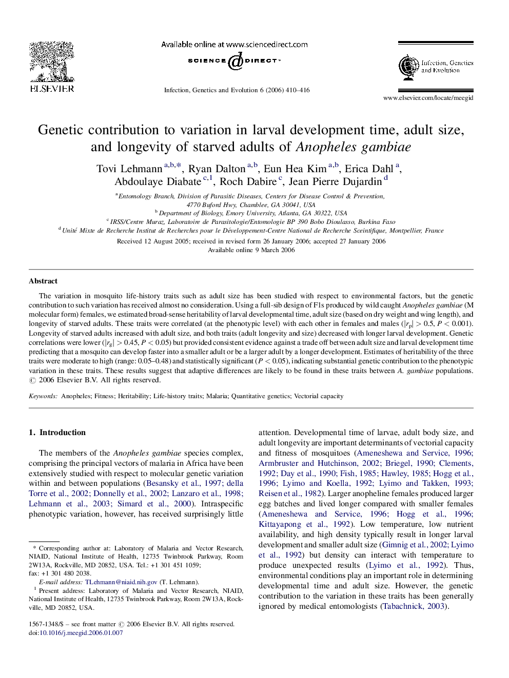 Genetic contribution to variation in larval development time, adult size, and longevity of starved adults of Anopheles gambiae