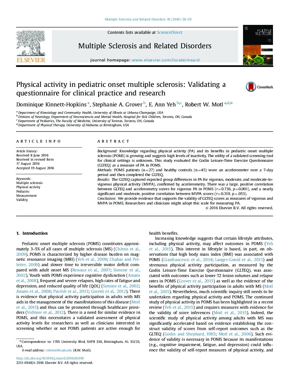 فعالیت بدنی در مبتلایان به مولتیپل اسکلروزیس در کودکان: اعتبارسنجی پرسشنامه برای عمل بالینی و تحقیقاتی 