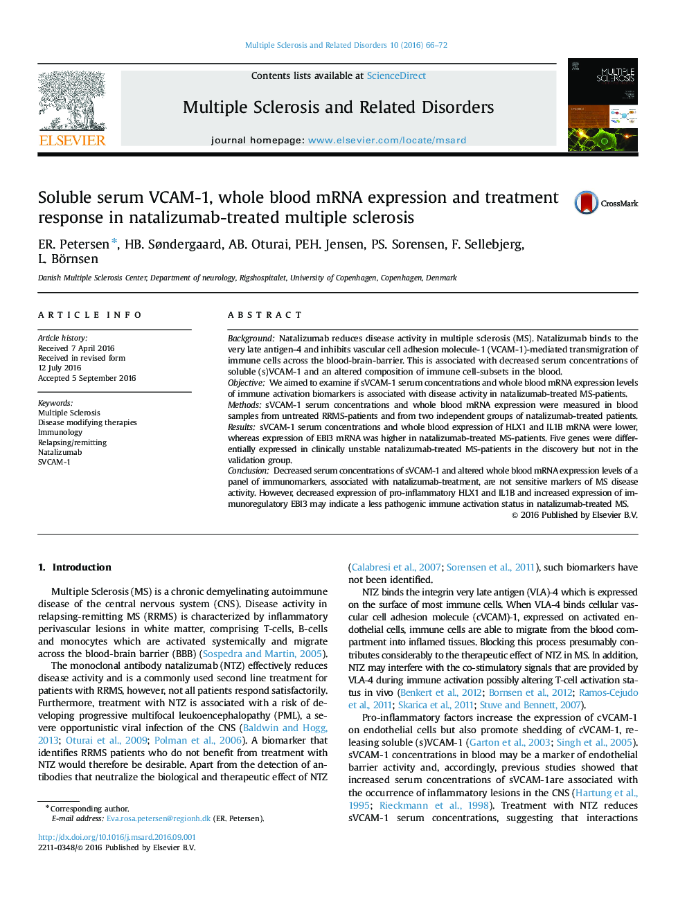 Soluble serum VCAM-1, whole blood mRNA expression and treatment response in natalizumab-treated multiple sclerosis