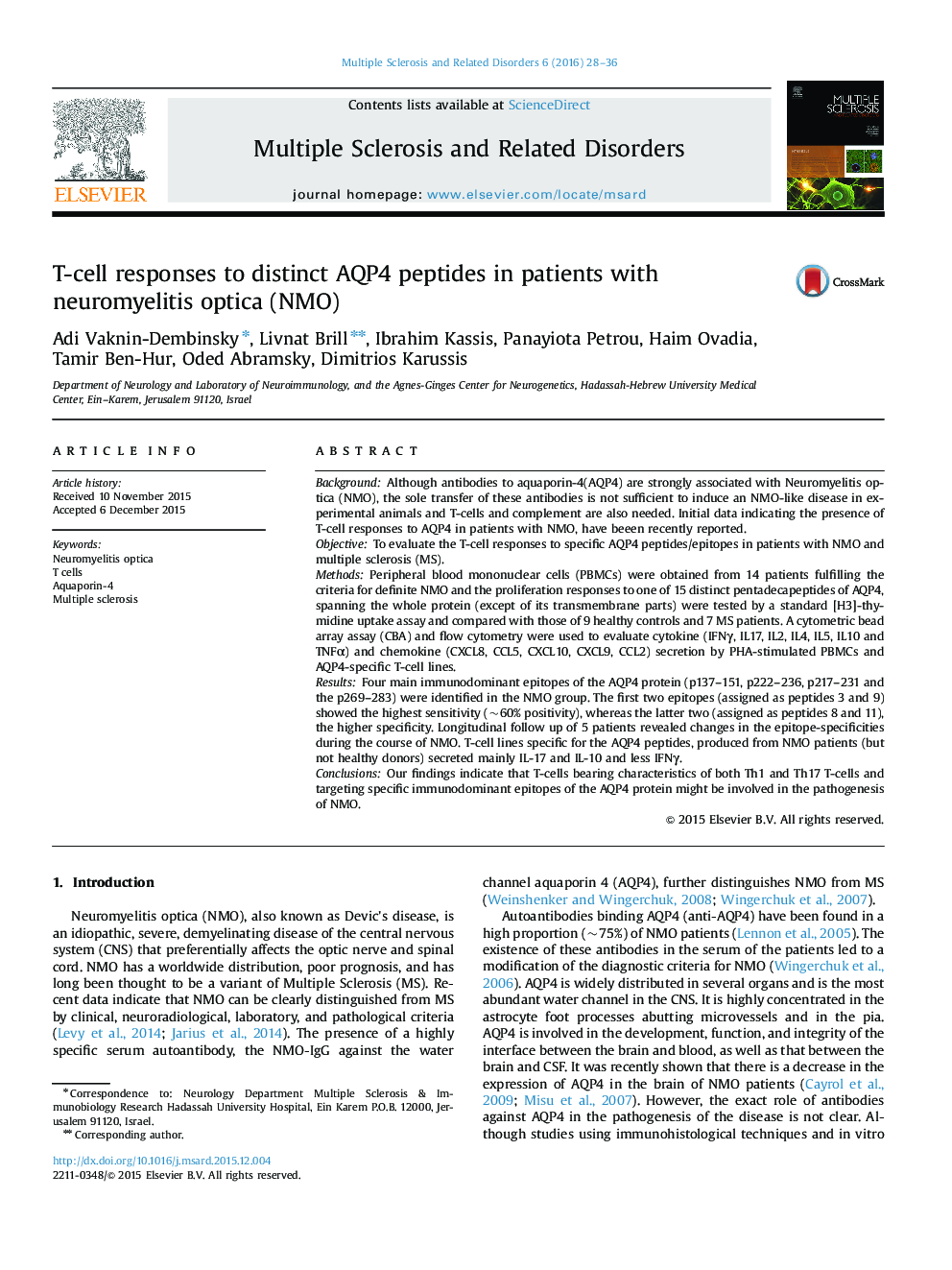 T-cell responses to distinct AQP4 peptides in patients with neuromyelitis optica (NMO)