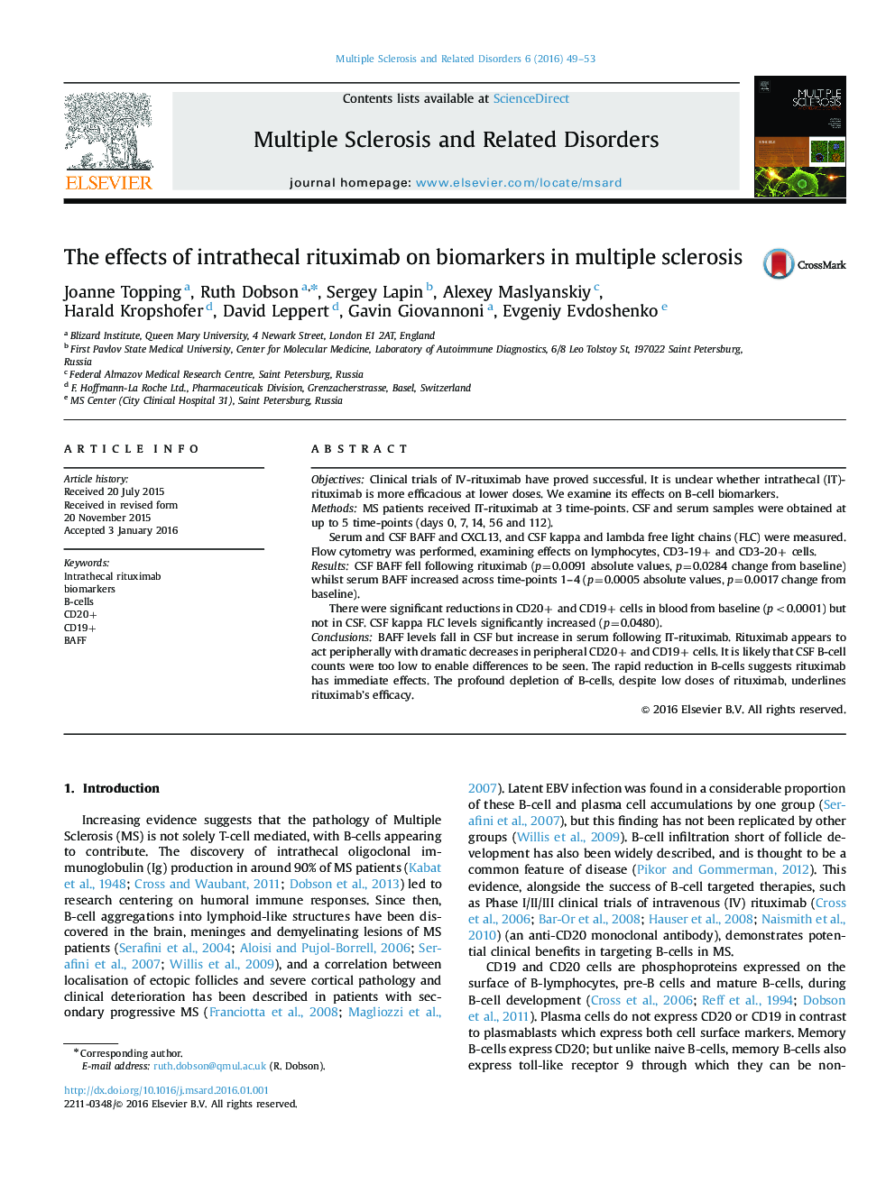 The effects of intrathecal rituximab on biomarkers in multiple sclerosis