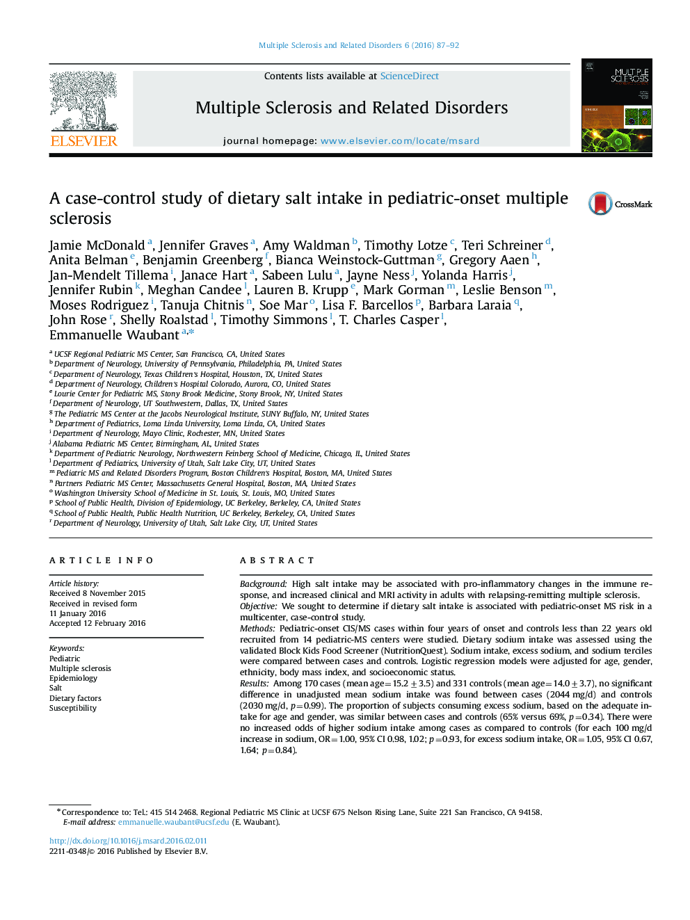 A case-control study of dietary salt intake in pediatric-onset multiple sclerosis