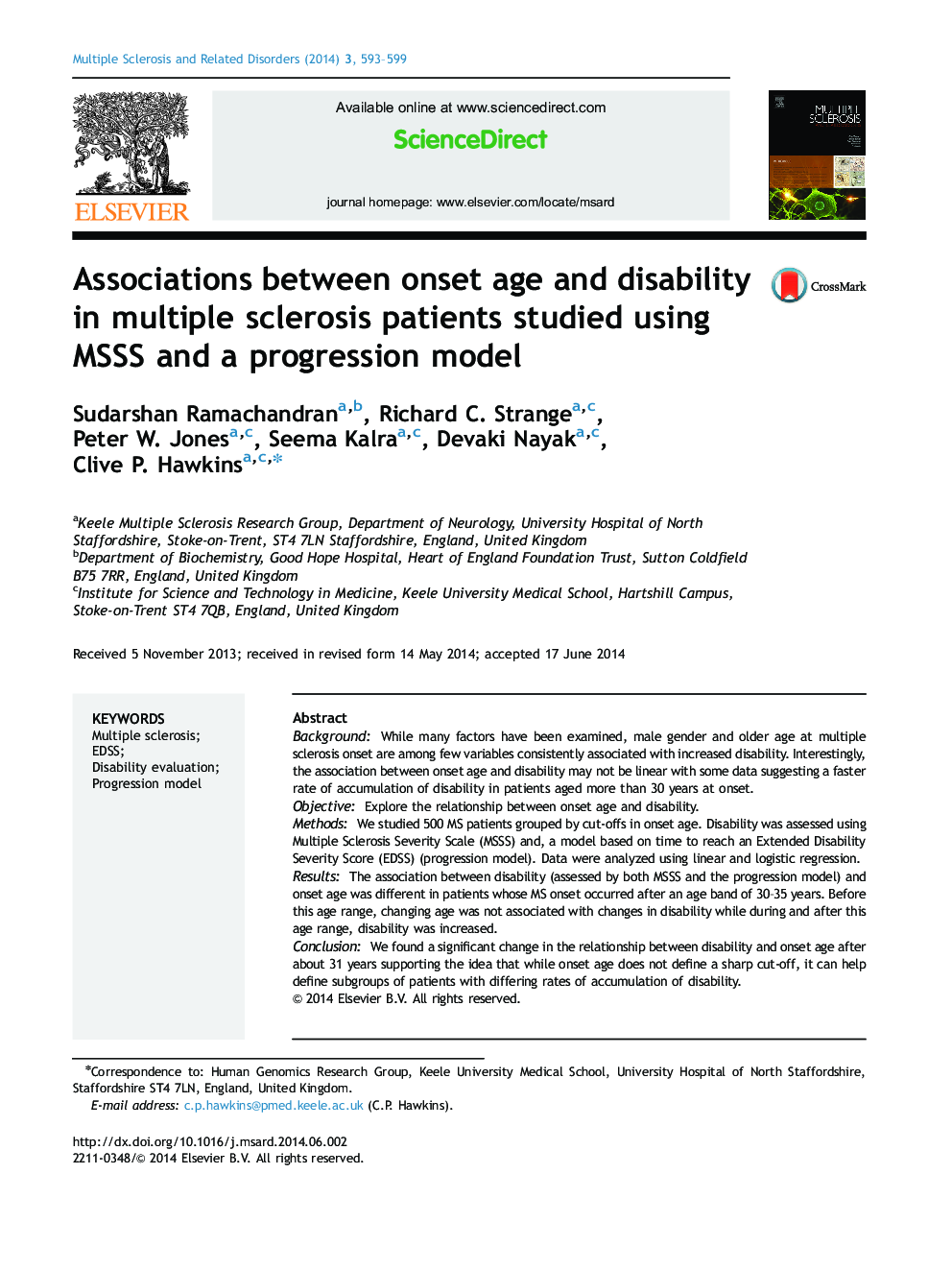 Associations between onset age and disability in multiple sclerosis patients studied using MSSS and a progression model