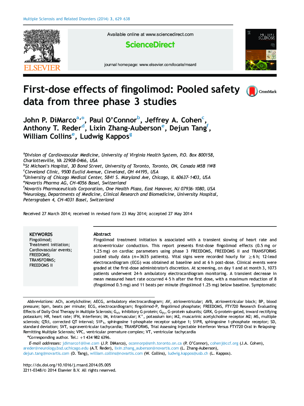 First-dose effects of fingolimod: Pooled safety data from three phase 3 studies