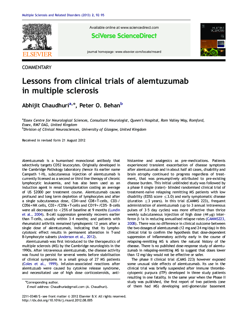Lessons from clinical trials of alemtuzumab in multiple sclerosis