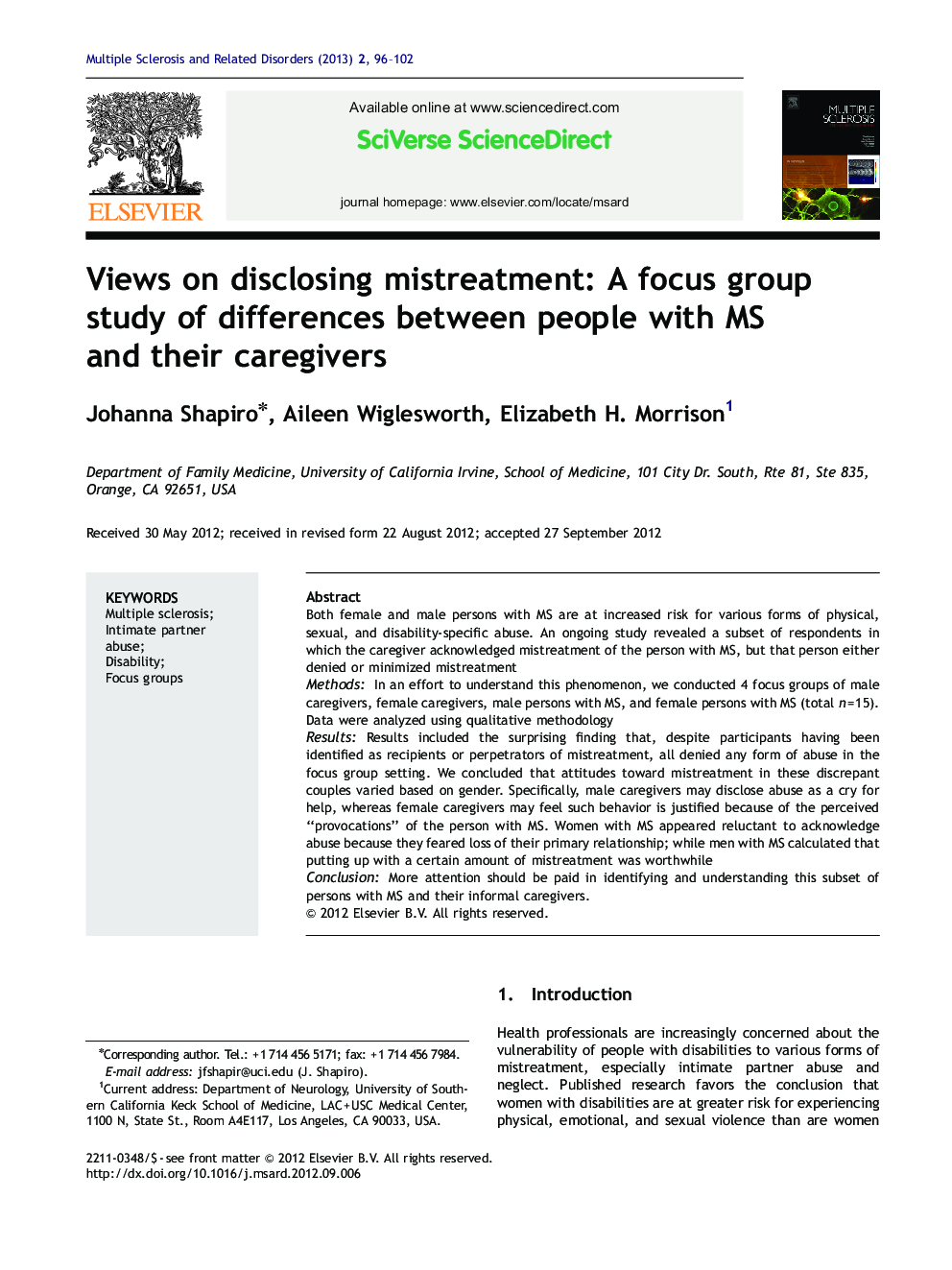 Views on disclosing mistreatment: A focus group study of differences between people with MS and their caregivers