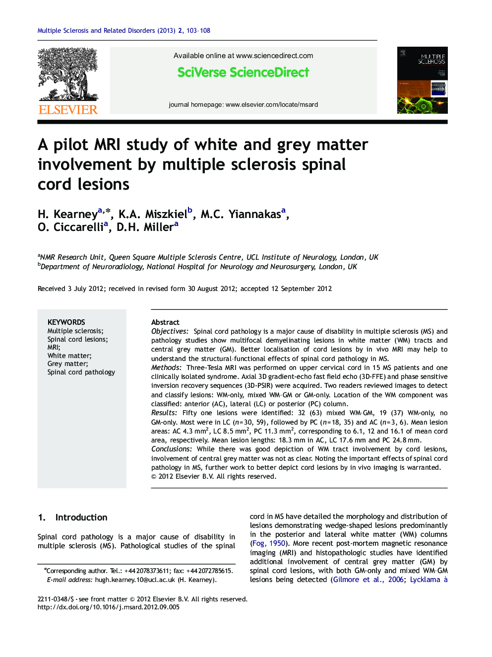 A pilot MRI study of white and grey matter involvement by multiple sclerosis spinal cord lesions