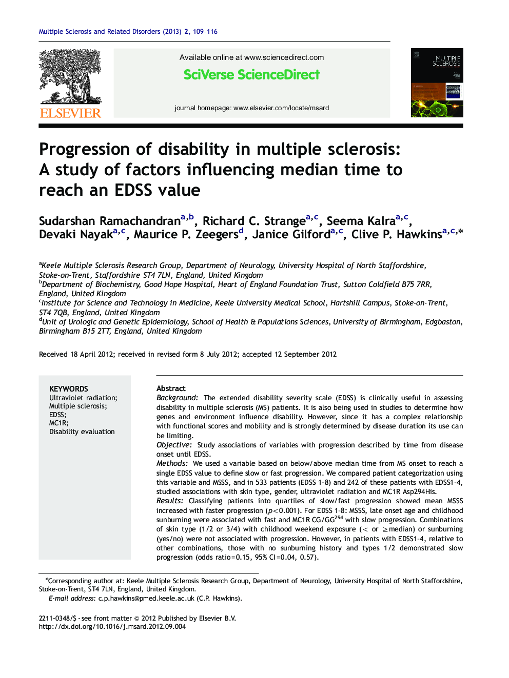 Progression of disability in multiple sclerosis: A study of factors influencing median time to reach an EDSS value