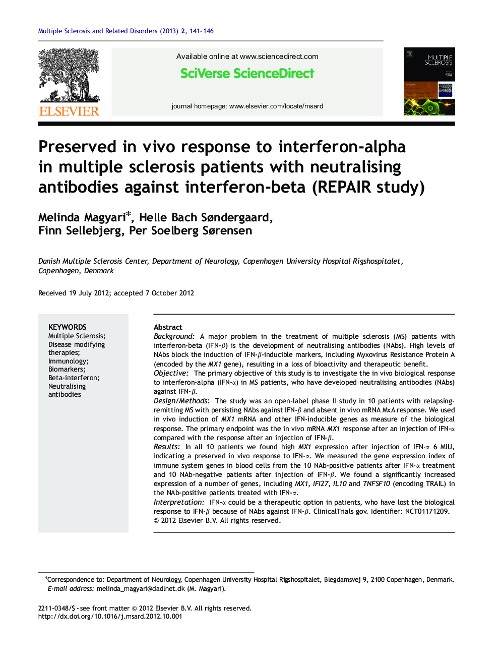 Preserved in vivo response to interferon-alpha in multiple sclerosis patients with neutralising antibodies against interferon-beta (REPAIR study)