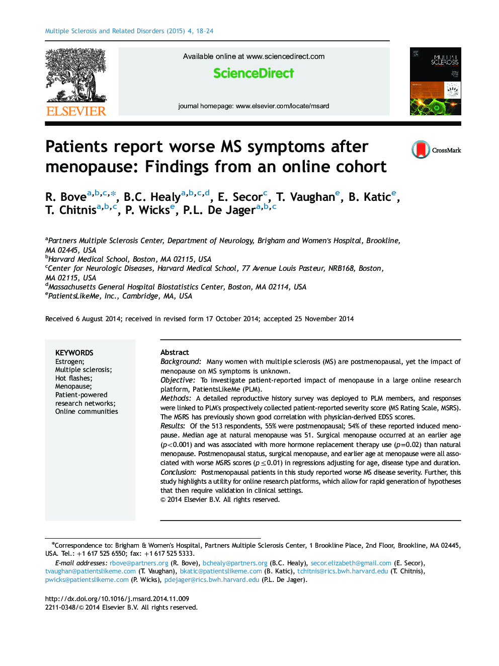 Patients report worse MS symptoms after menopause: Findings from an online cohort