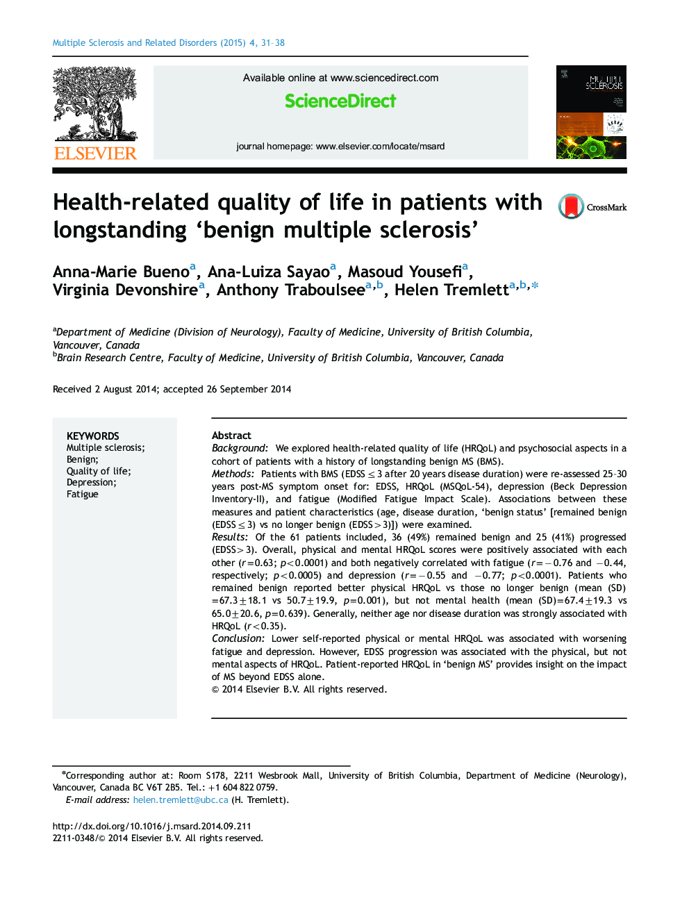 Health-related quality of life in patients with longstanding ‘benign multiple sclerosis’