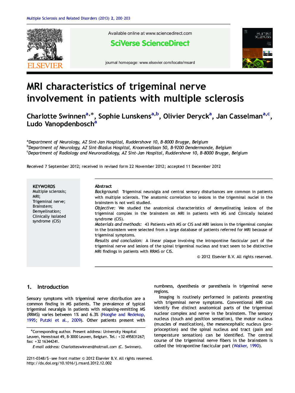 MRI characteristics of trigeminal nerve involvement in patients with multiple sclerosis