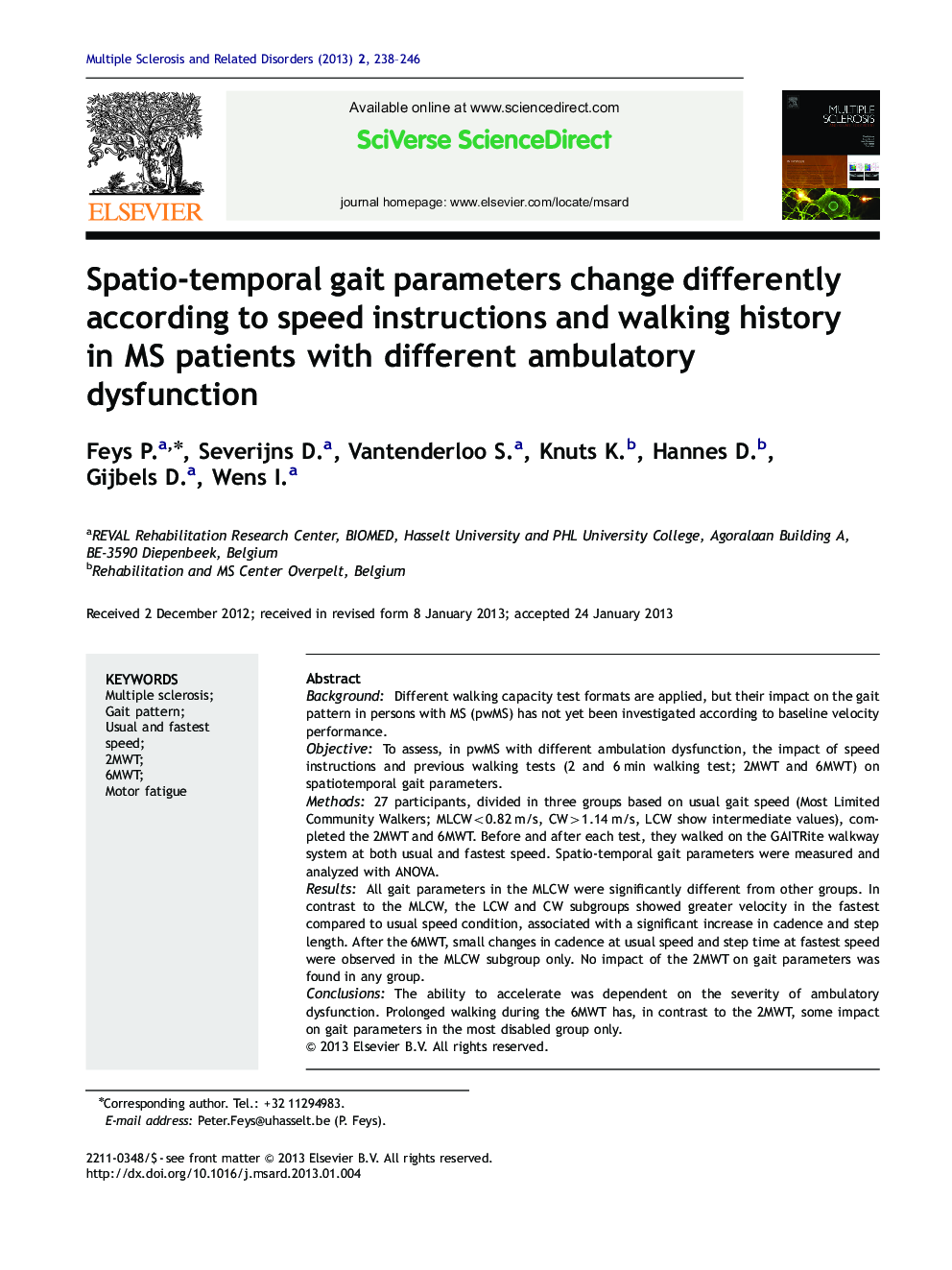 Spatio-temporal gait parameters change differently according to speed instructions and walking history in MS patients with different ambulatory dysfunction