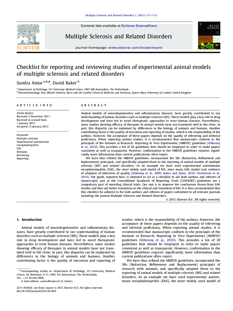 عکس صفحه اول مقاله: Checklist for reporting and reviewing studies of experimental animal models of multiple sclerosis and related disorders Checklist for reporting and reviewing studies of experimental animal models of multiple sclerosis and related disorders