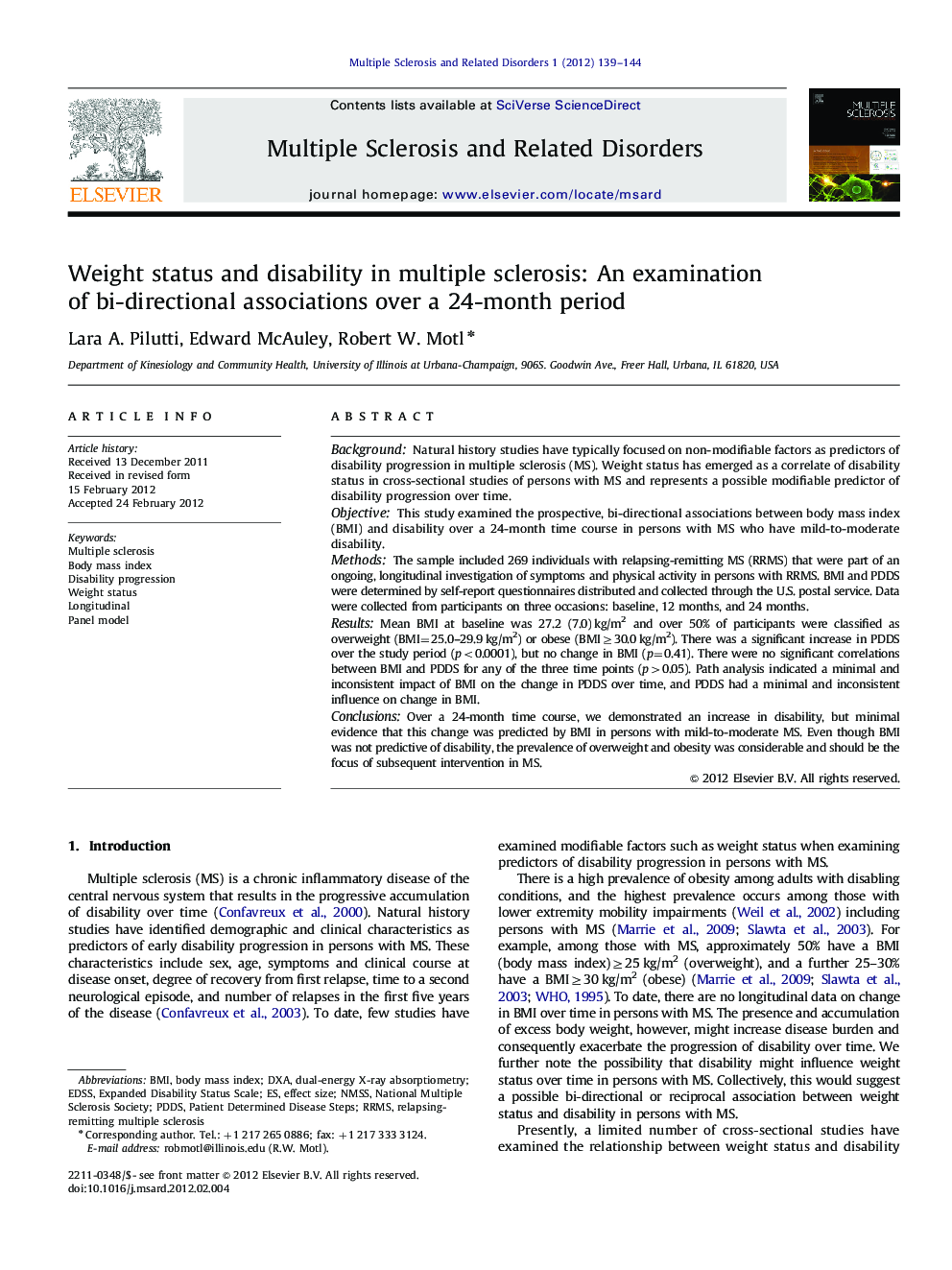 Weight status and disability in multiple sclerosis: An examination of bi-directional associations over a 24-month period