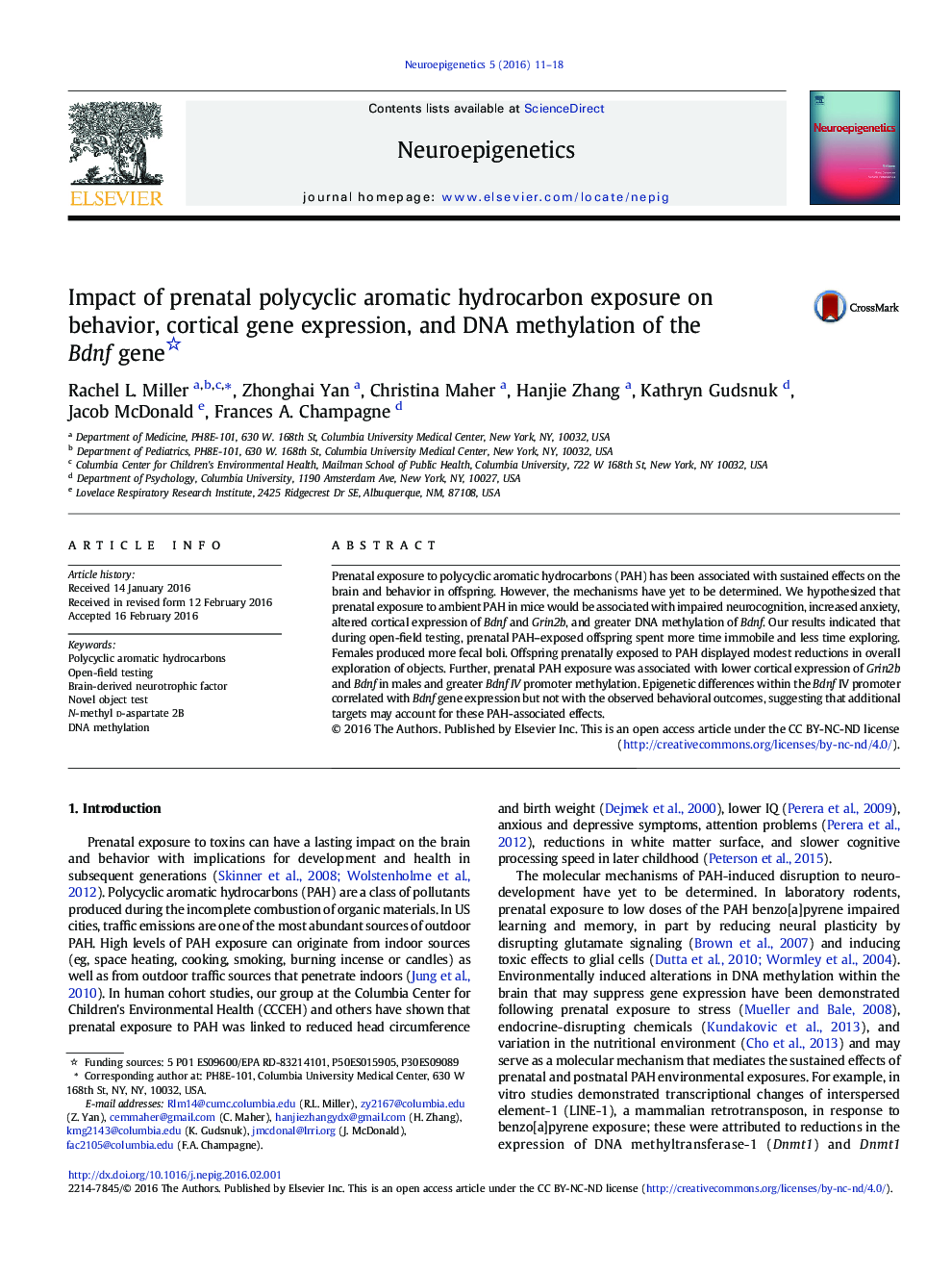 Impact of prenatal polycyclic aromatic hydrocarbon exposure on behavior, cortical gene expression, and DNA methylation of the Bdnf gene 