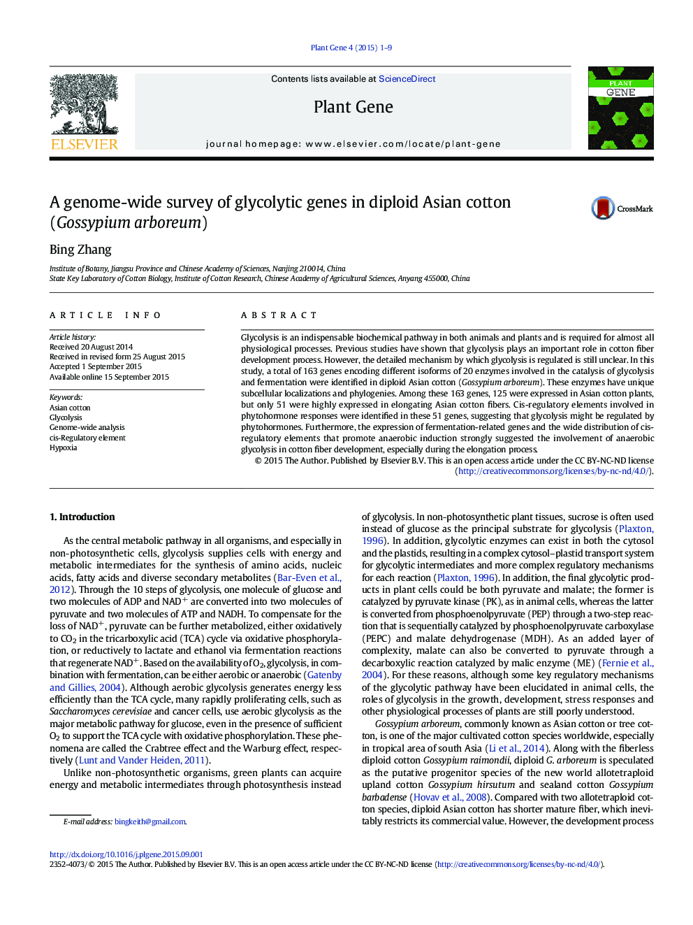 A genome-wide survey of glycolytic genes in diploid Asian cotton (Gossypium arboreum)