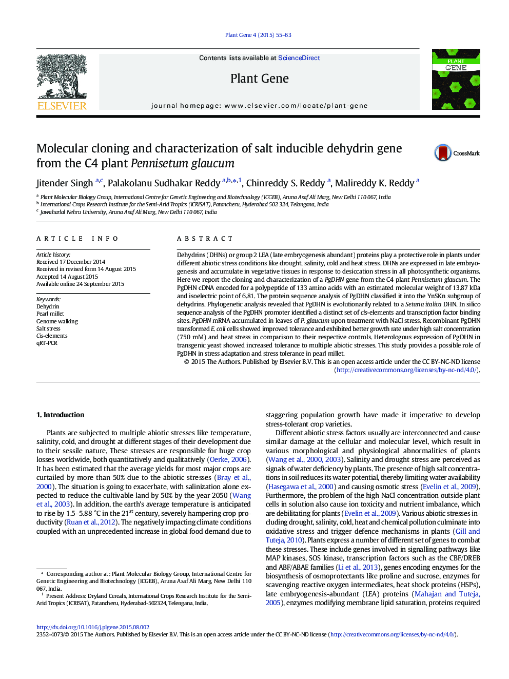 Molecular cloning and characterization of salt inducible dehydrin gene from the C4 plant Pennisetum glaucum