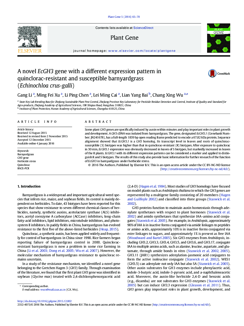 یک ژن EcGH3 جدید با یک الگوی بیان متفاوت در موش صحرایی مقاوم به کوکولارک و حساس (Echinochloa crus-galli)