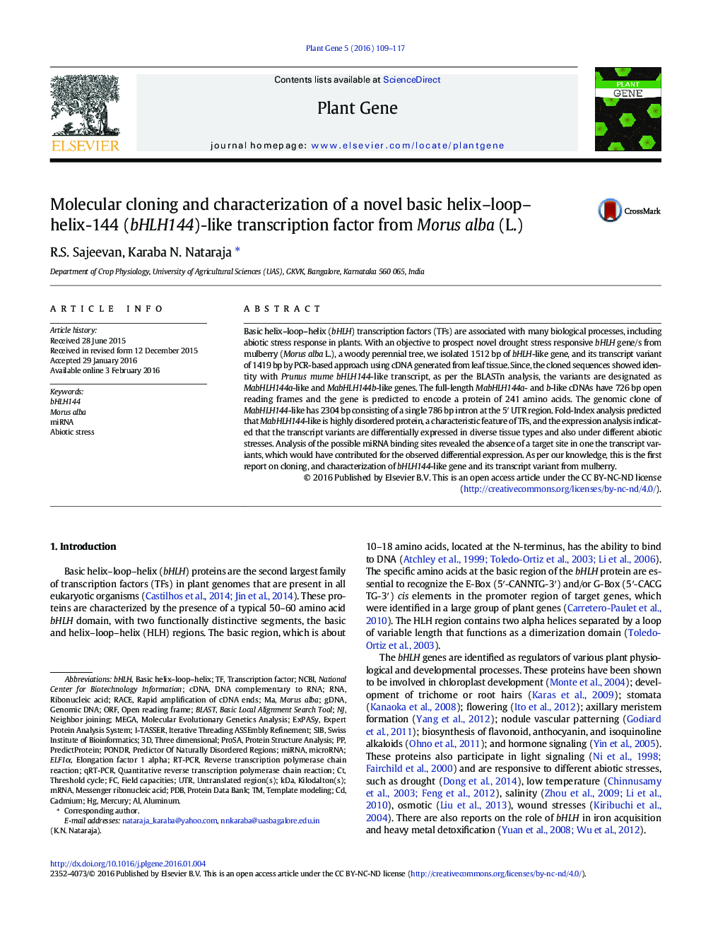 Molecular cloning and characterization of a novel basic helix–loop–helix-144 (bHLH144)-like transcription factor from Morus alba (L.)