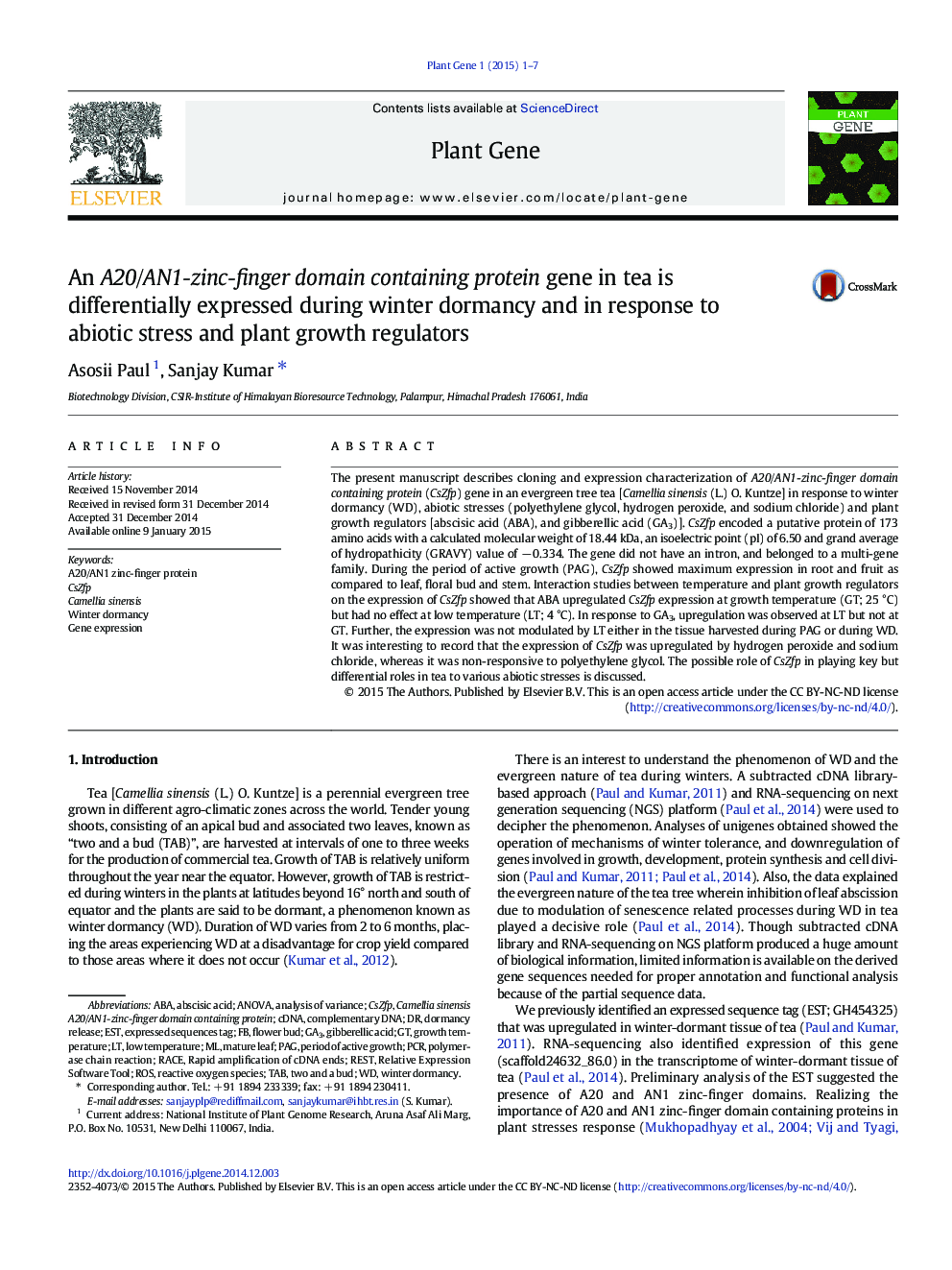 An A20/AN1-zinc-finger domain containing protein gene in tea is differentially expressed during winter dormancy and in response to abiotic stress and plant growth regulators