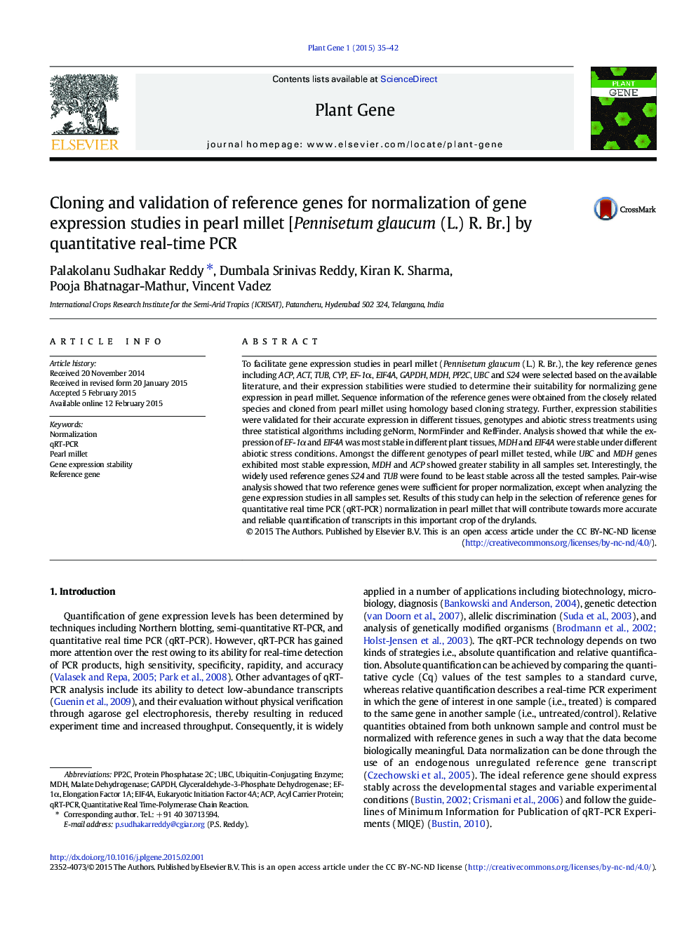 Cloning and validation of reference genes for normalization of gene expression studies in pearl millet [Pennisetum glaucum (L.) R. Br.] by quantitative real-time PCR