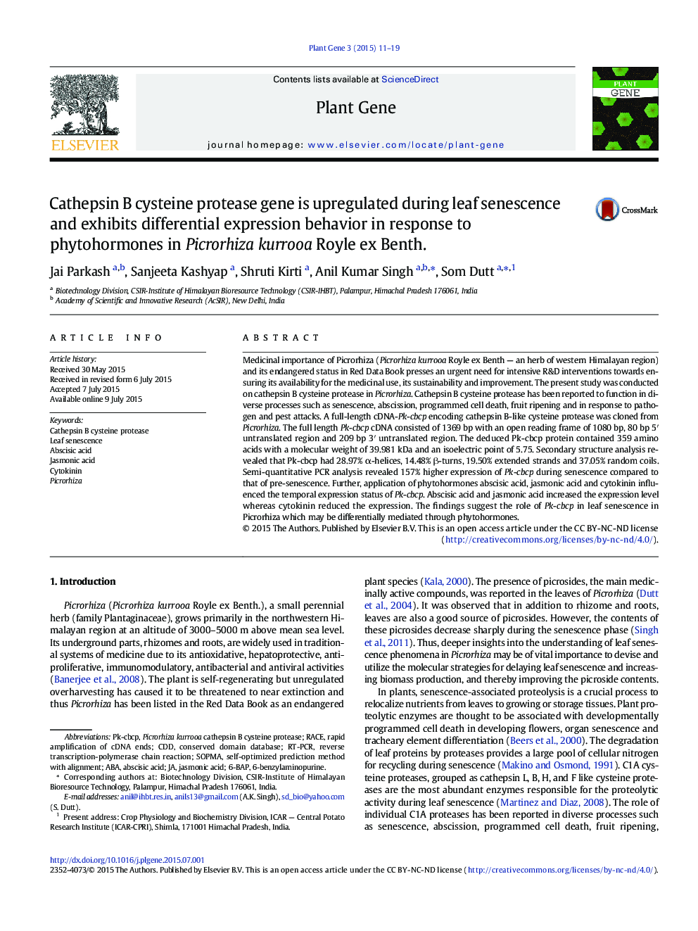 Cathepsin B cysteine protease gene is upregulated during leaf senescence and exhibits differential expression behavior in response to phytohormones in Picrorhiza kurrooa Royle ex Benth.