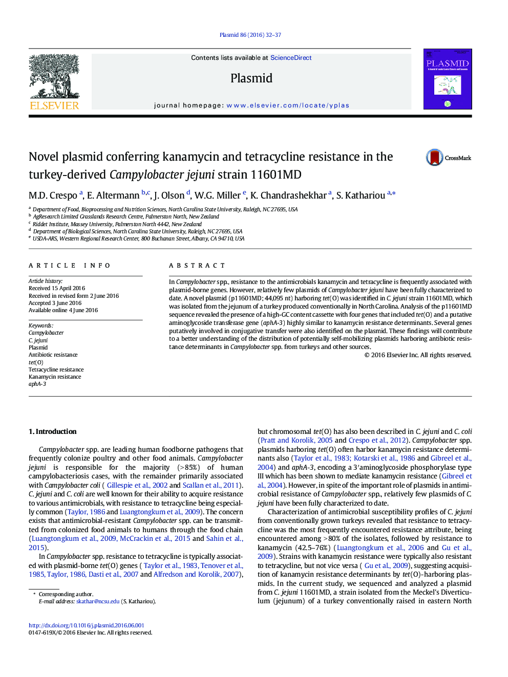 Novel plasmid conferring kanamycin and tetracycline resistance in the turkey-derived Campylobacter jejuni strain 11601MD