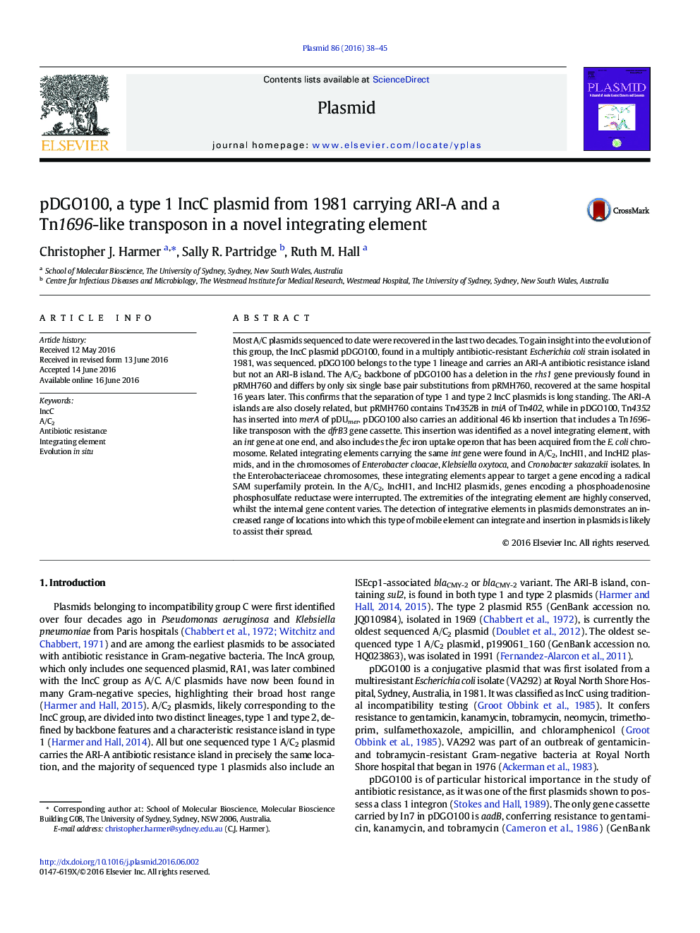 pDGO100, a type 1 IncC plasmid from 1981 carrying ARI-A and a Tn1696-like transposon in a novel integrating element