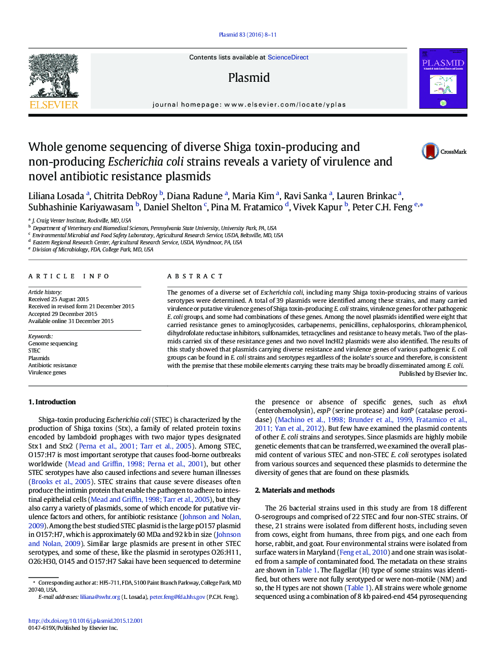 Whole genome sequencing of diverse Shiga toxin-producing and non-producing Escherichia coli strains reveals a variety of virulence and novel antibiotic resistance plasmids