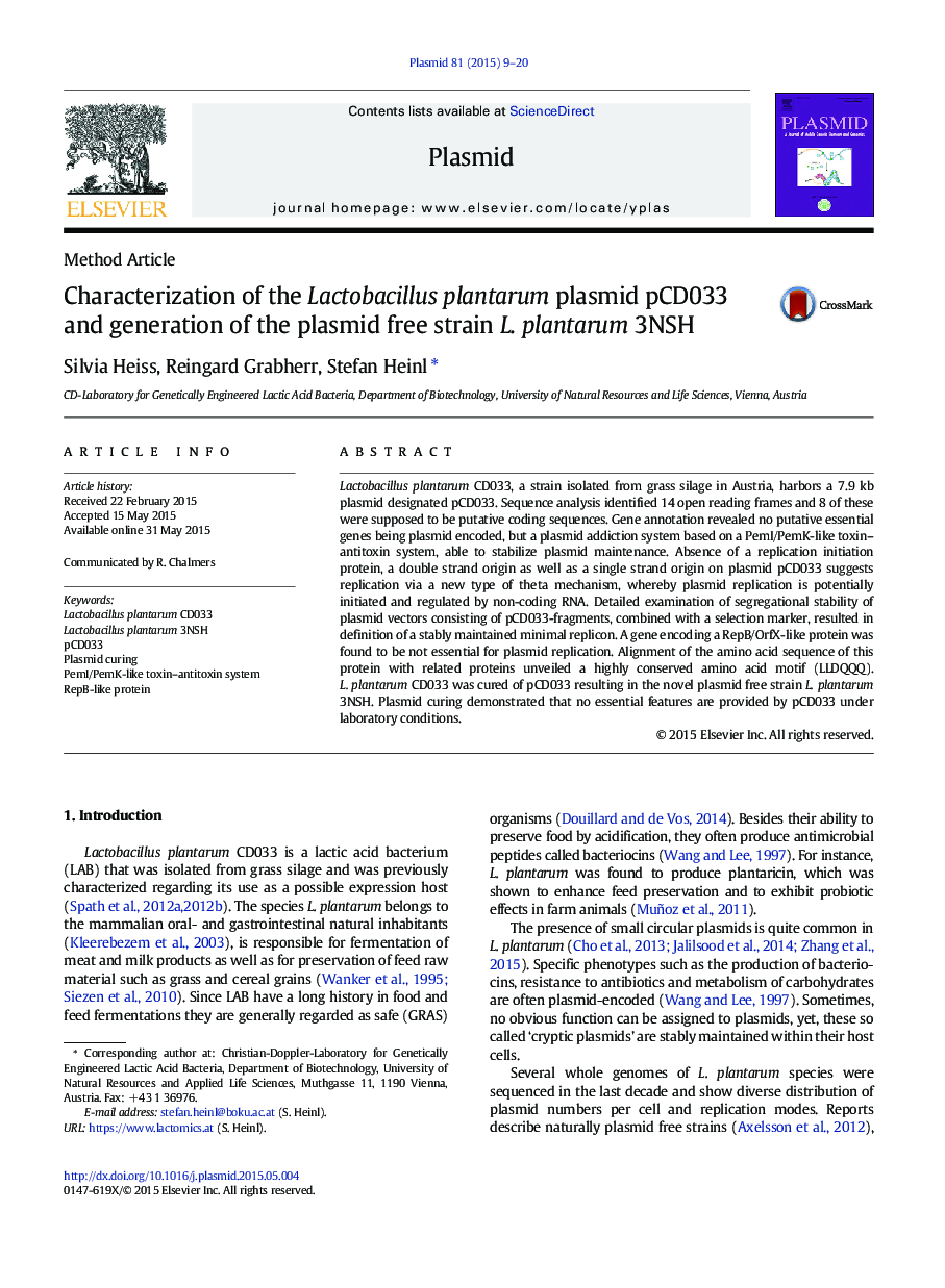 Characterization of the Lactobacillus plantarum plasmid pCD033 and generation of the plasmid free strain L. plantarum 3NSH