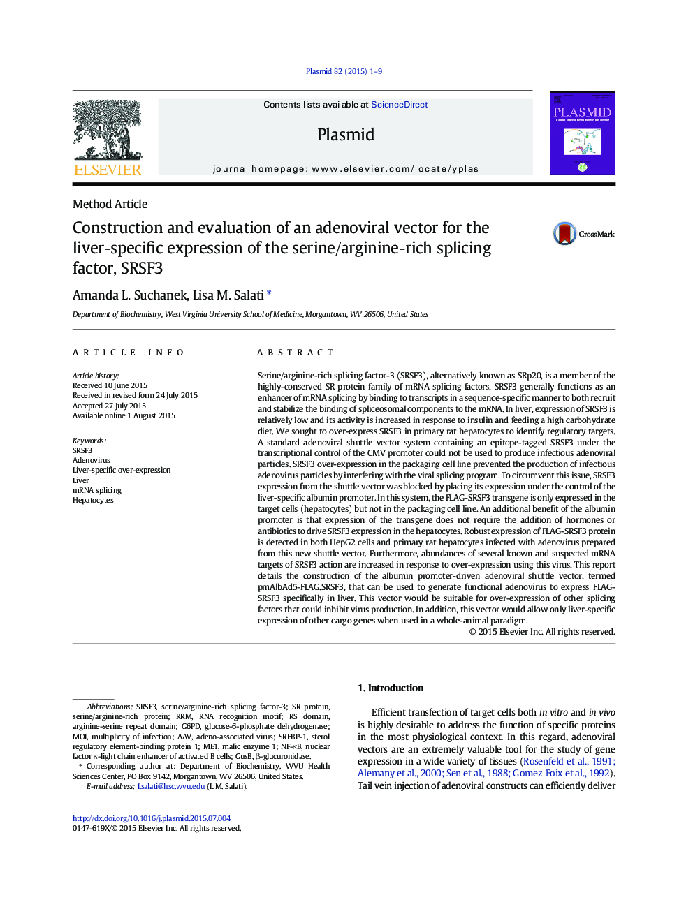 Construction and evaluation of an adenoviral vector for the liver-specific expression of the serine/arginine-rich splicing factor, SRSF3