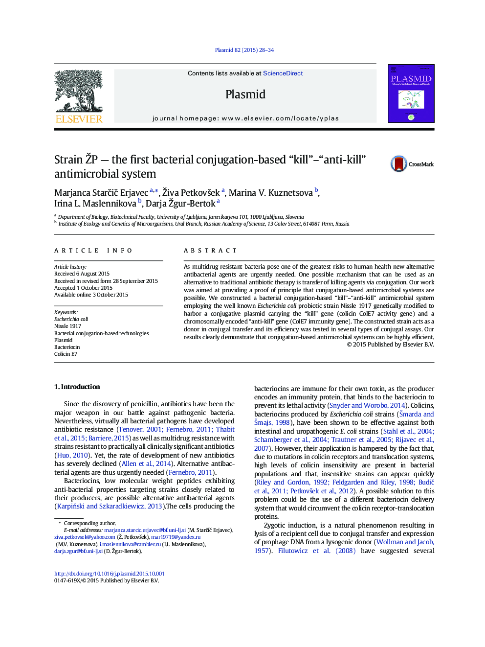 Strain ŽP — the first bacterial conjugation-based “kill”–“anti-kill” antimicrobial system