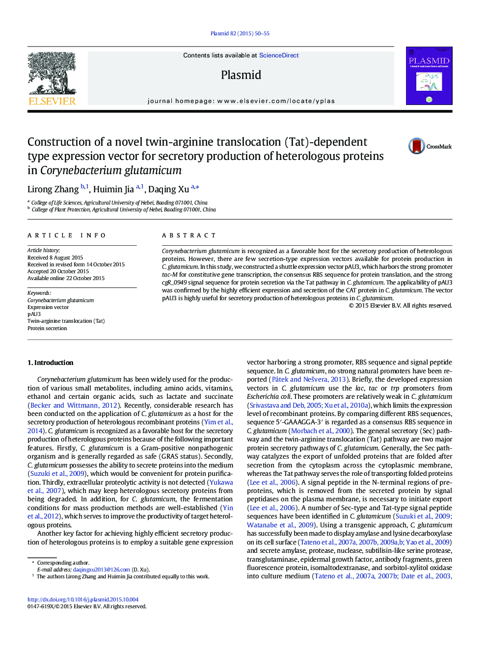 Construction of a novel twin-arginine translocation (Tat)-dependent type expression vector for secretory production of heterologous proteins in Corynebacterium glutamicum