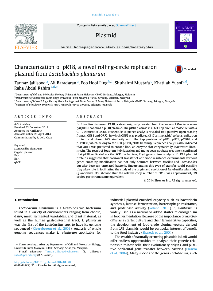 Characterization of pR18, a novel rolling-circle replication plasmid from Lactobacillus plantarum