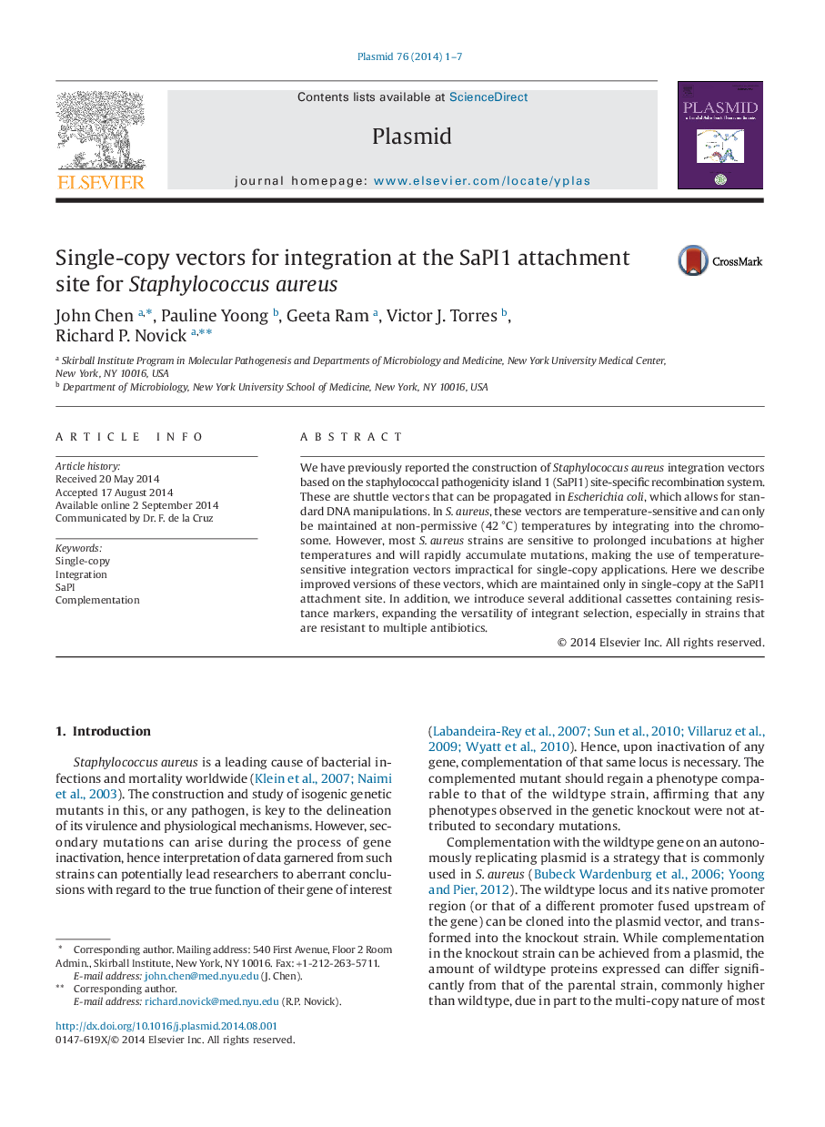 Single-copy vectors for integration at the SaPI1 attachment site for Staphylococcus aureus