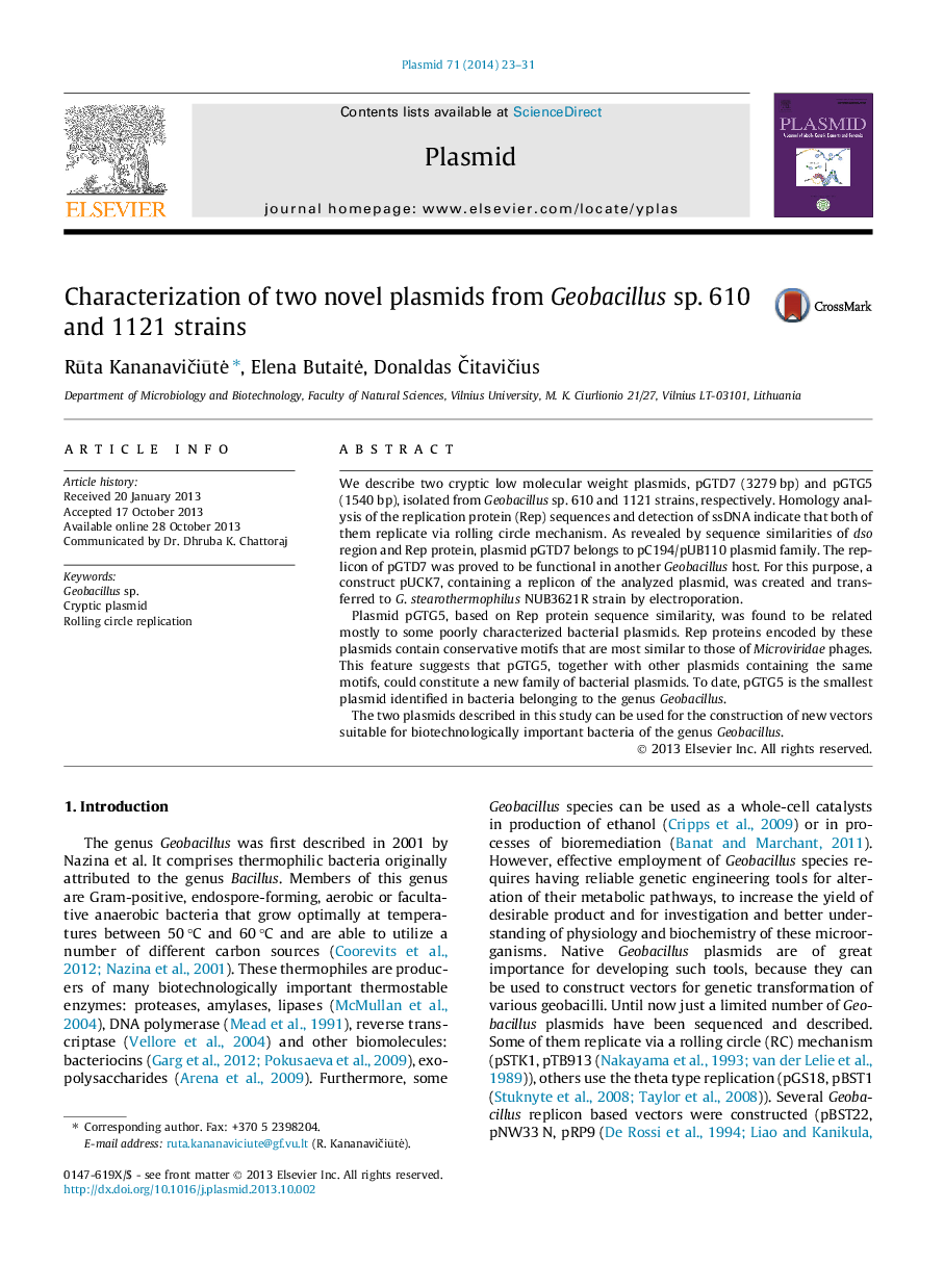 Characterization of two novel plasmids from Geobacillus sp. 610 and 1121 strains