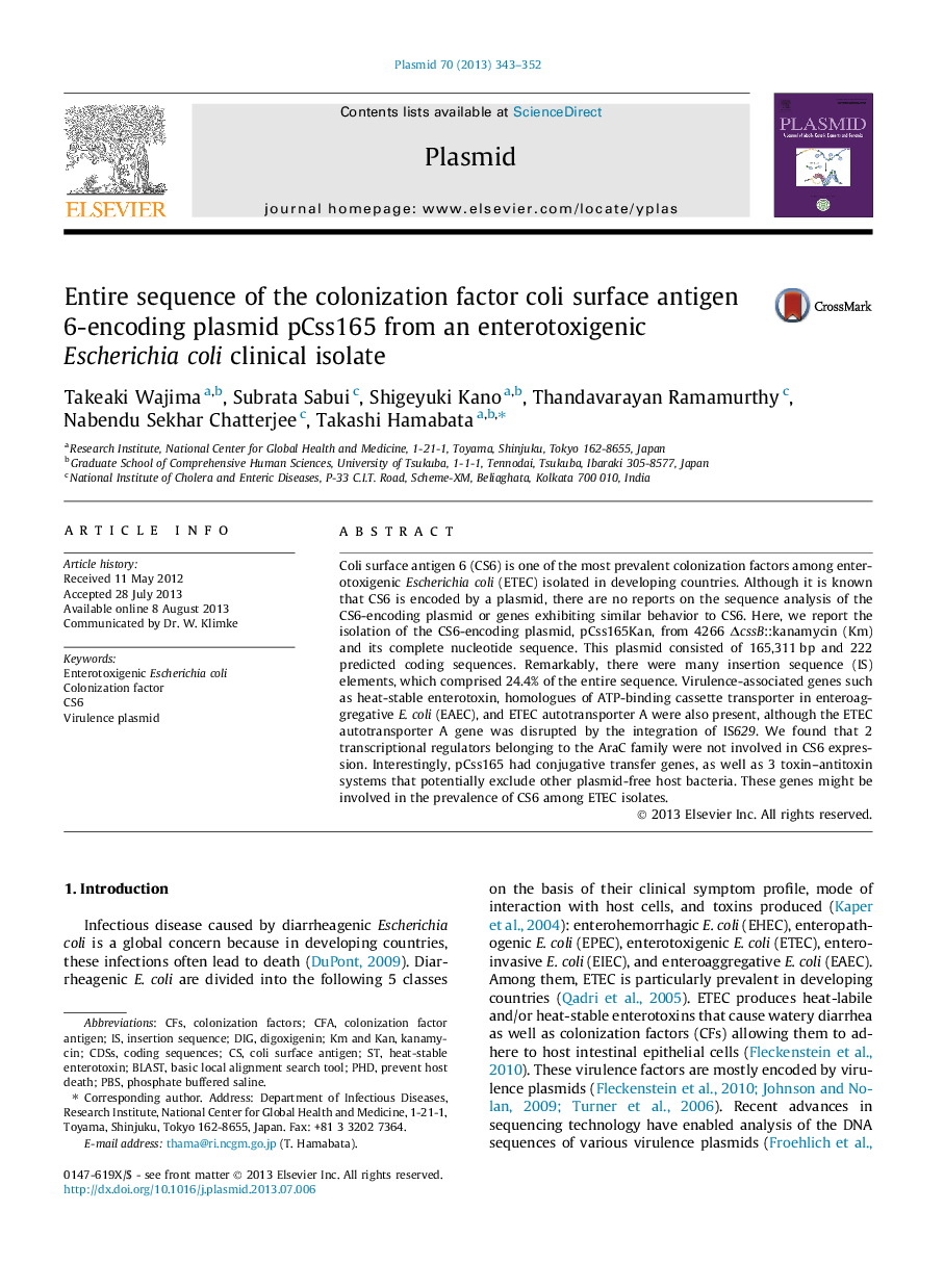 Entire sequence of the colonization factor coli surface antigen 6-encoding plasmid pCss165 from an enterotoxigenic Escherichia coli clinical isolate