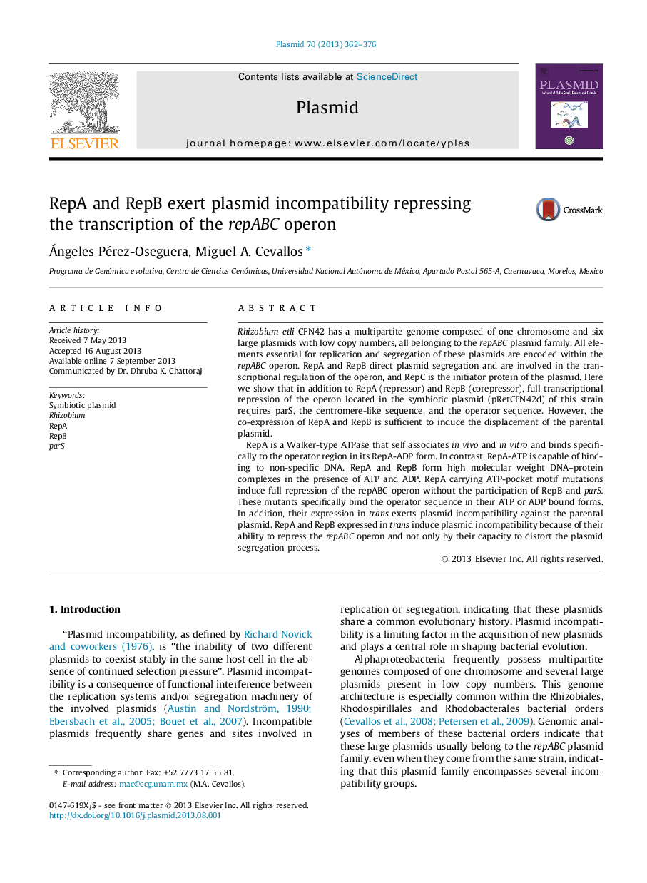 RepA and RepB exert plasmid incompatibility repressing the transcription of the repABC operon