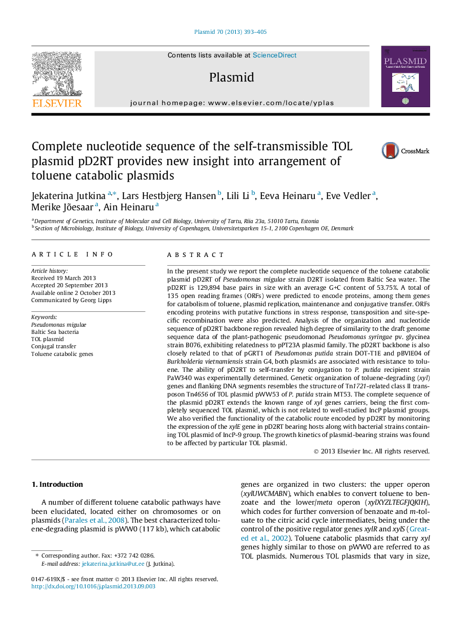 Complete nucleotide sequence of the self-transmissible TOL plasmid pD2RT provides new insight into arrangement of toluene catabolic plasmids