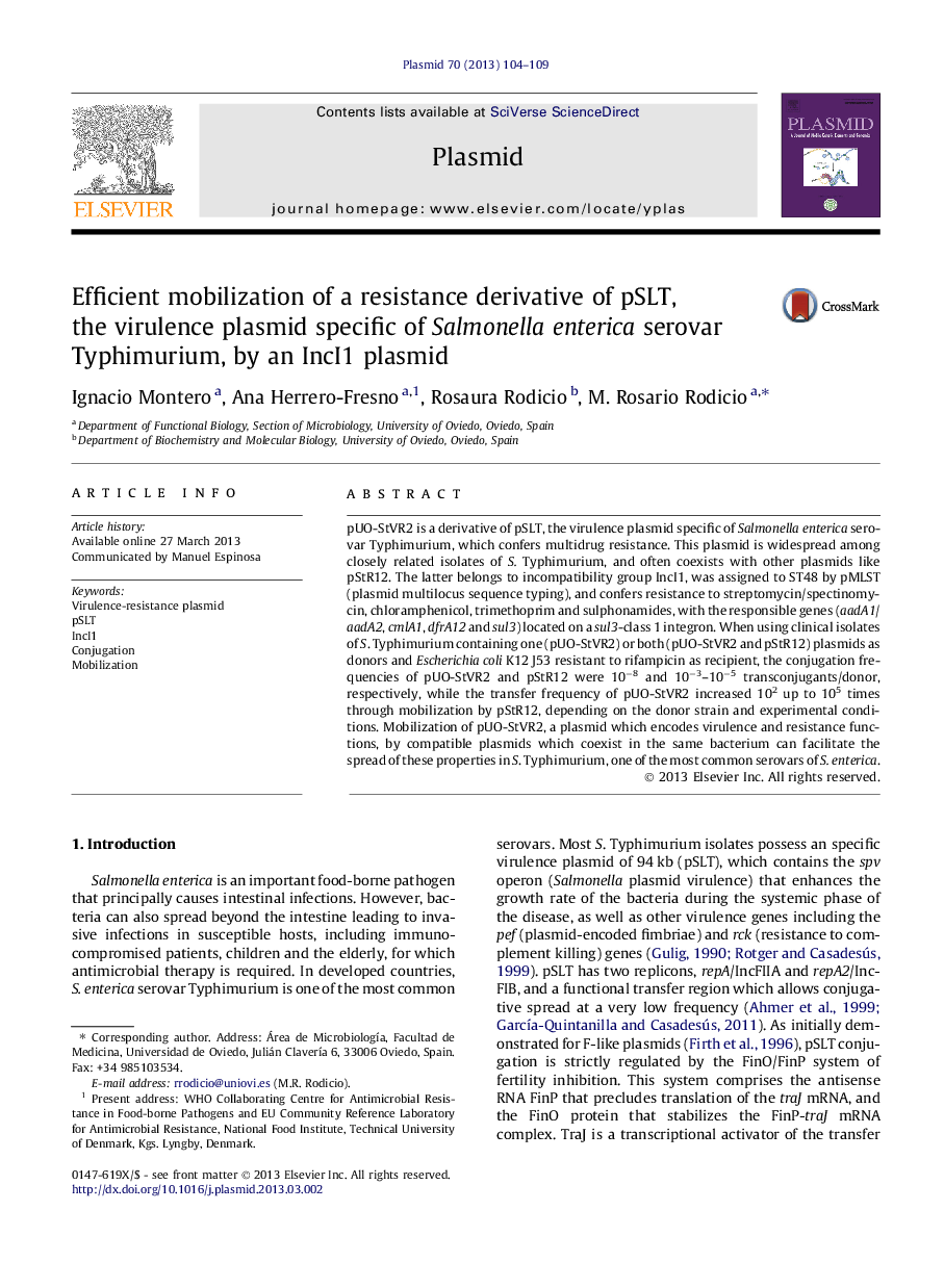 Efficient mobilization of a resistance derivative of pSLT, the virulence plasmid specific of Salmonella enterica serovar Typhimurium, by an IncI1 plasmid